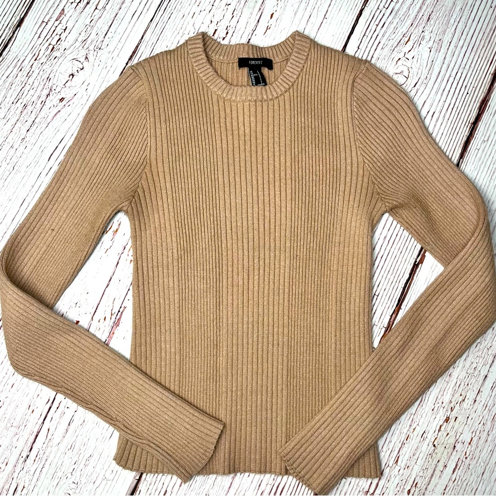 Forever 21 Tan Crew Neck Fitted Sweater